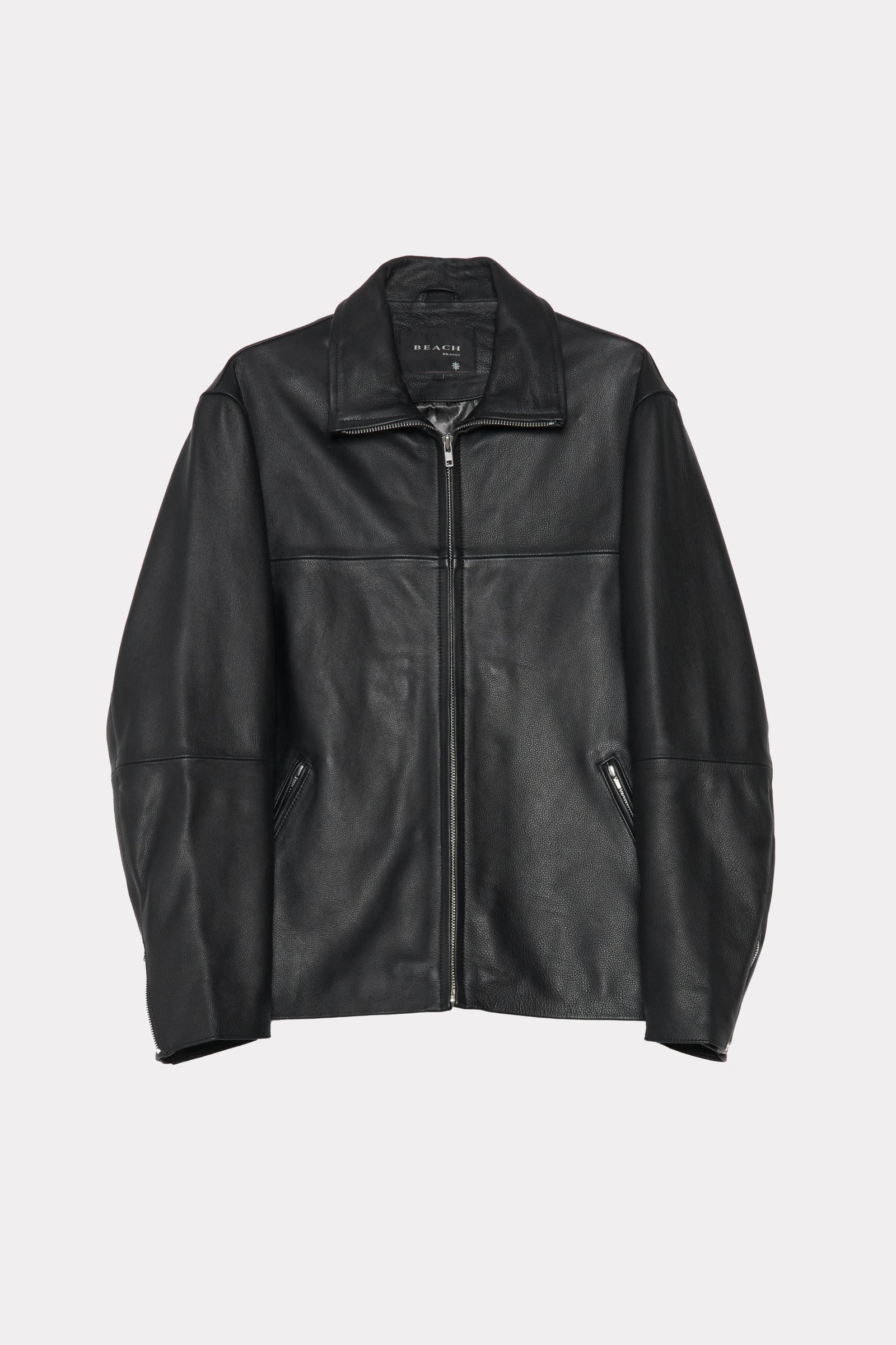 Black leather Bank Jacket designed by Beach Brains on a white background