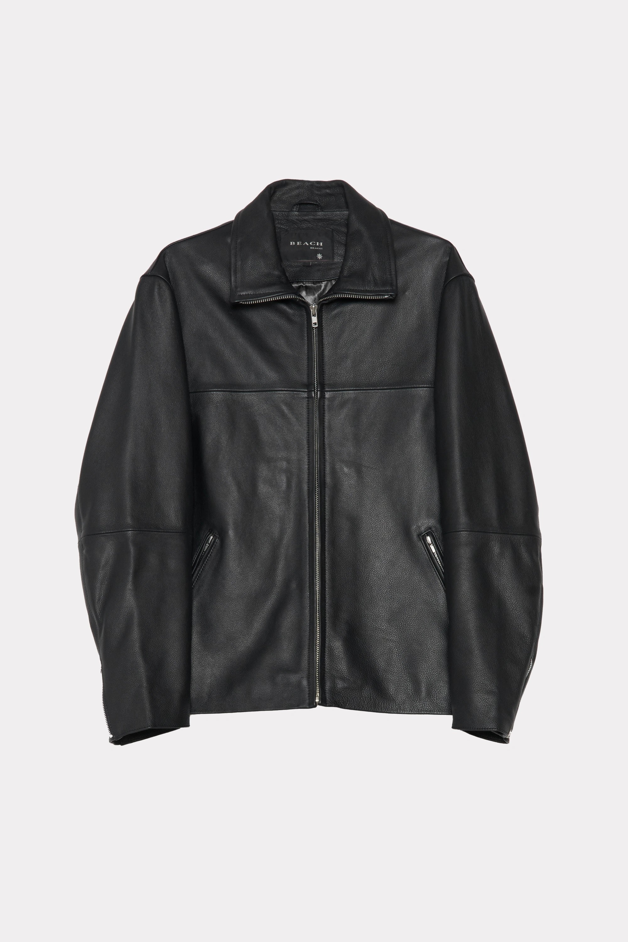 Black leather Bank Jacket designed by Beach Brains on a white background