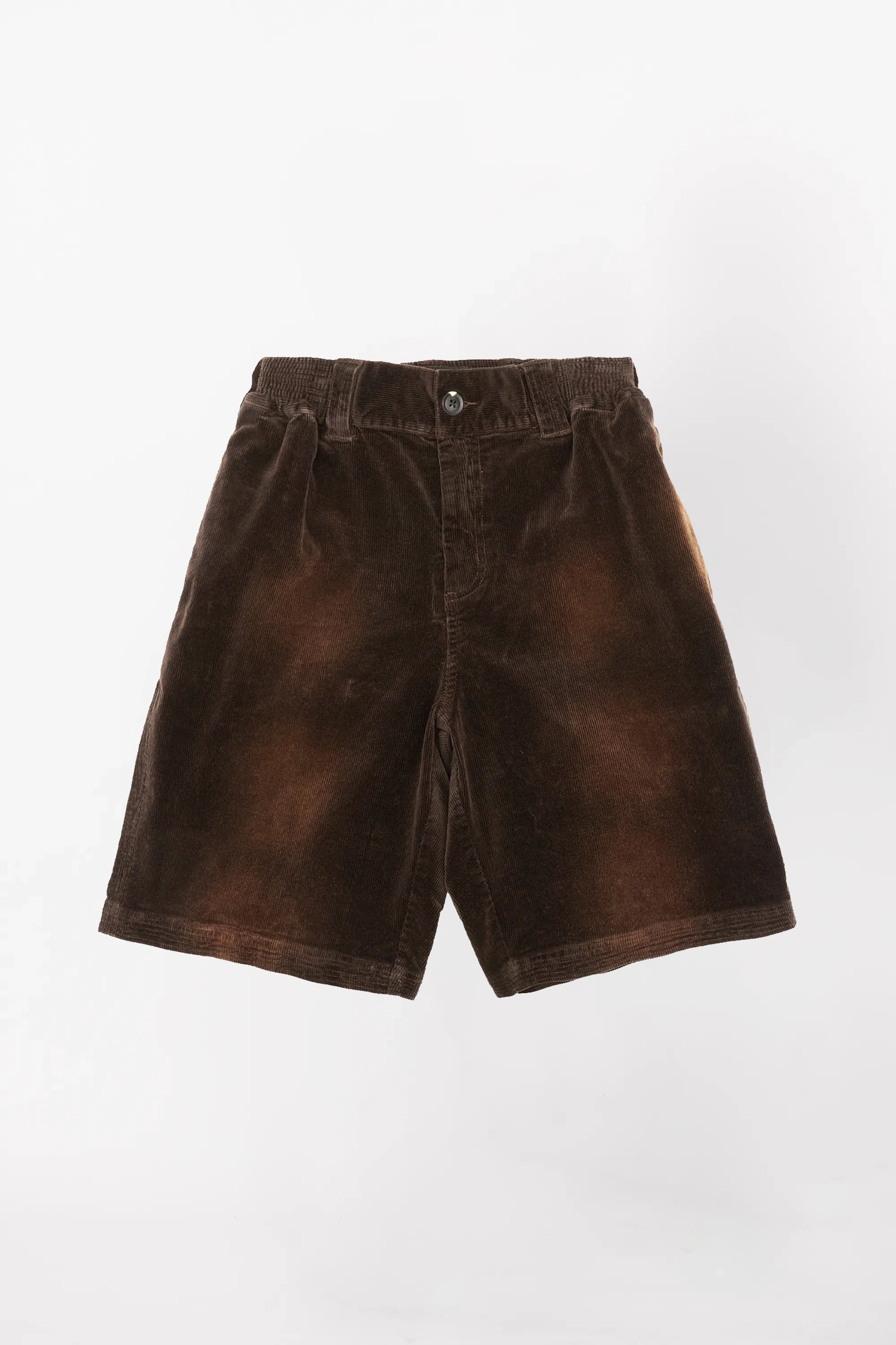 A pair of brown corduroy baggy shorts with an elastic waistband and button closure.