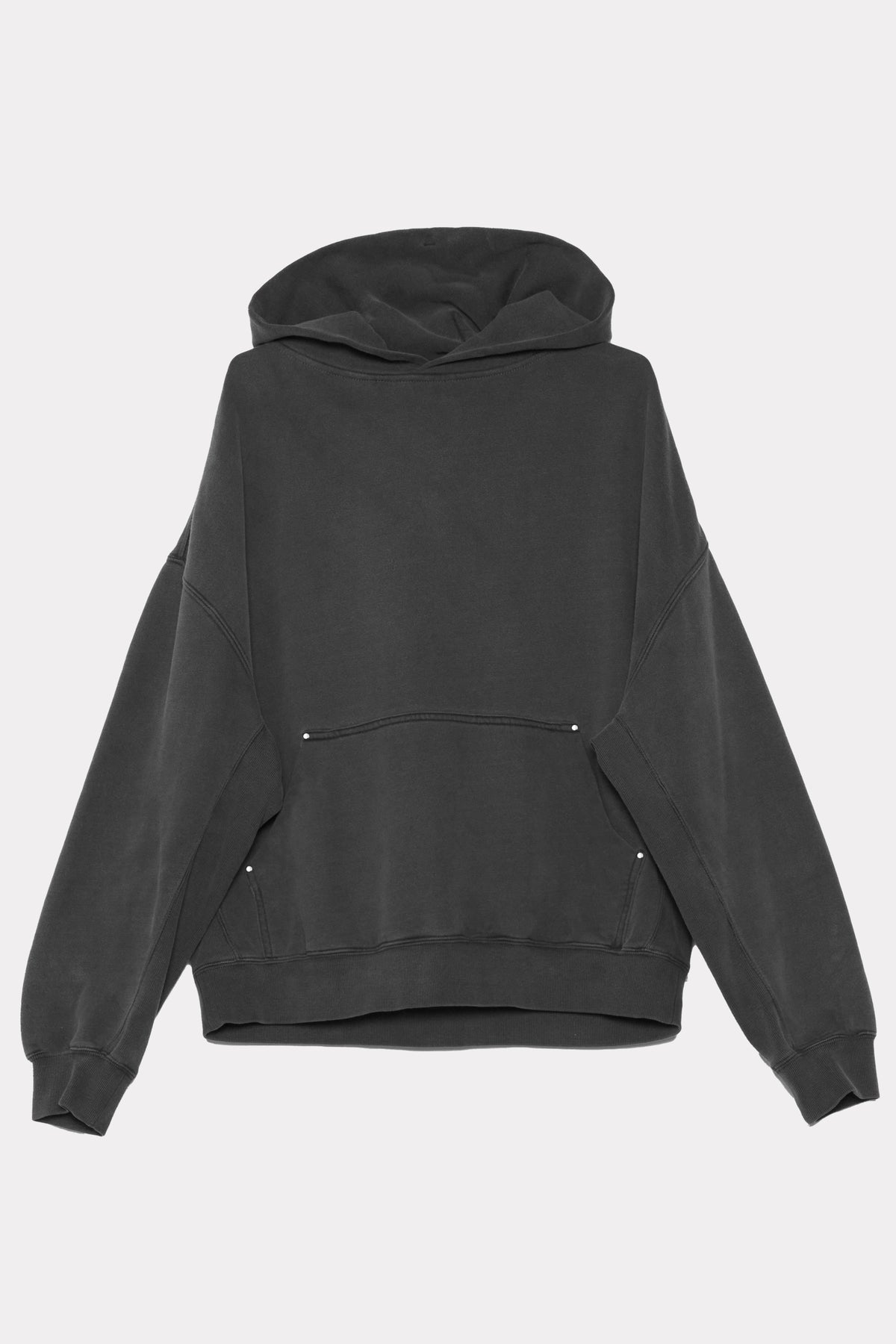 Black hoodie made from 500GSM brushed back fleece on a light grey background