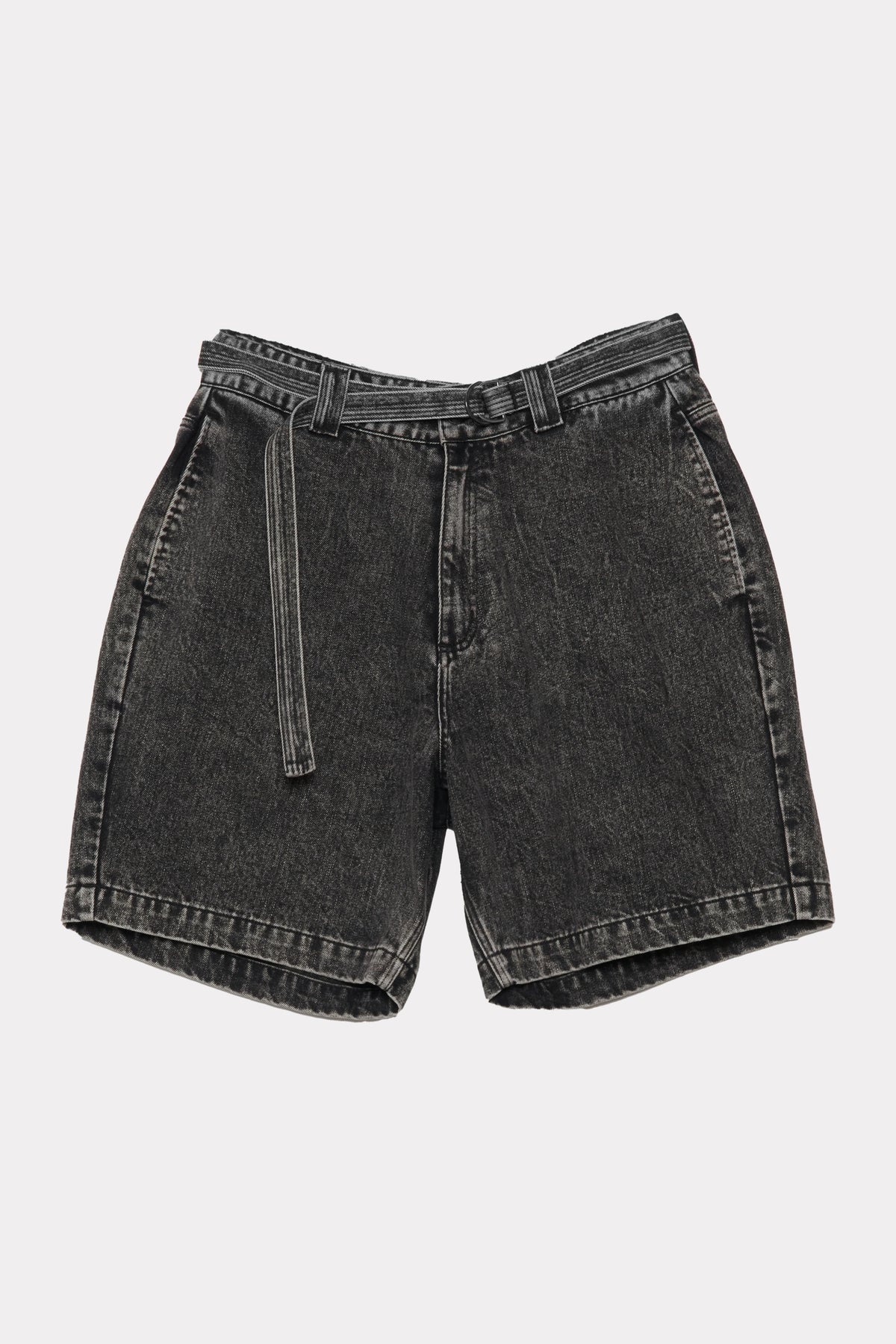 Black denim shorts on a light grey background