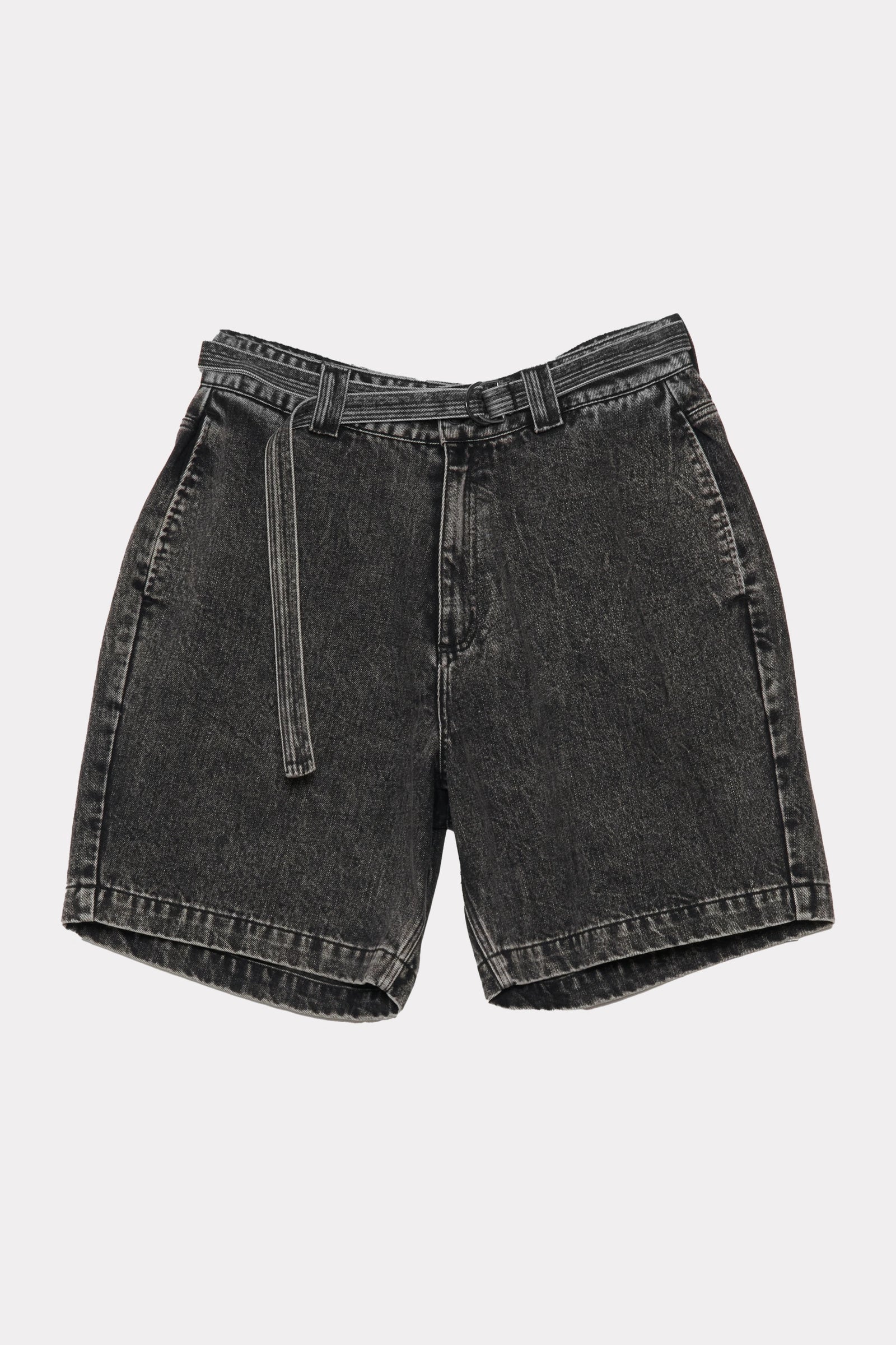 Black denim shorts on a light grey background