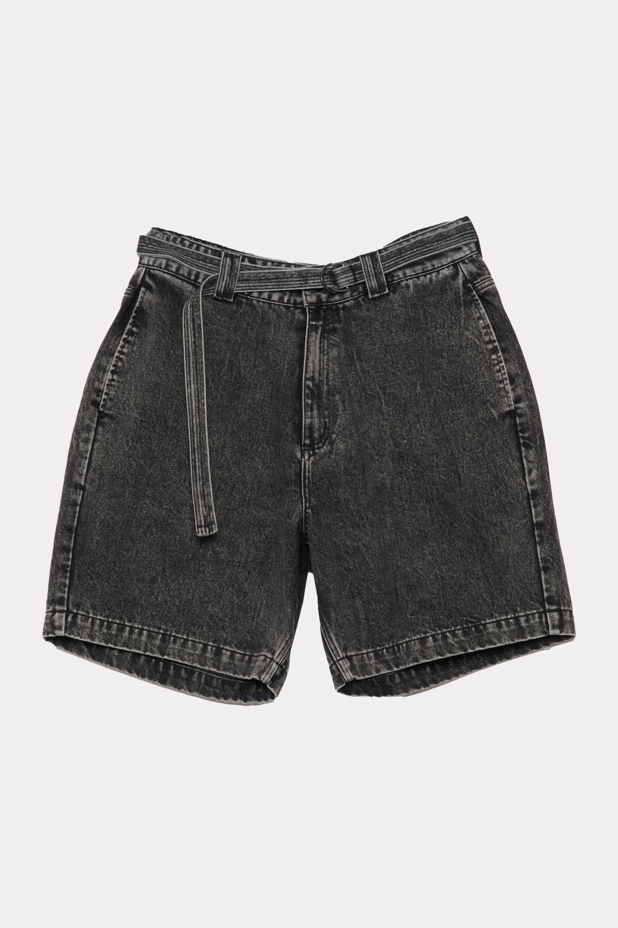 Black denim shorts on a light grey background
