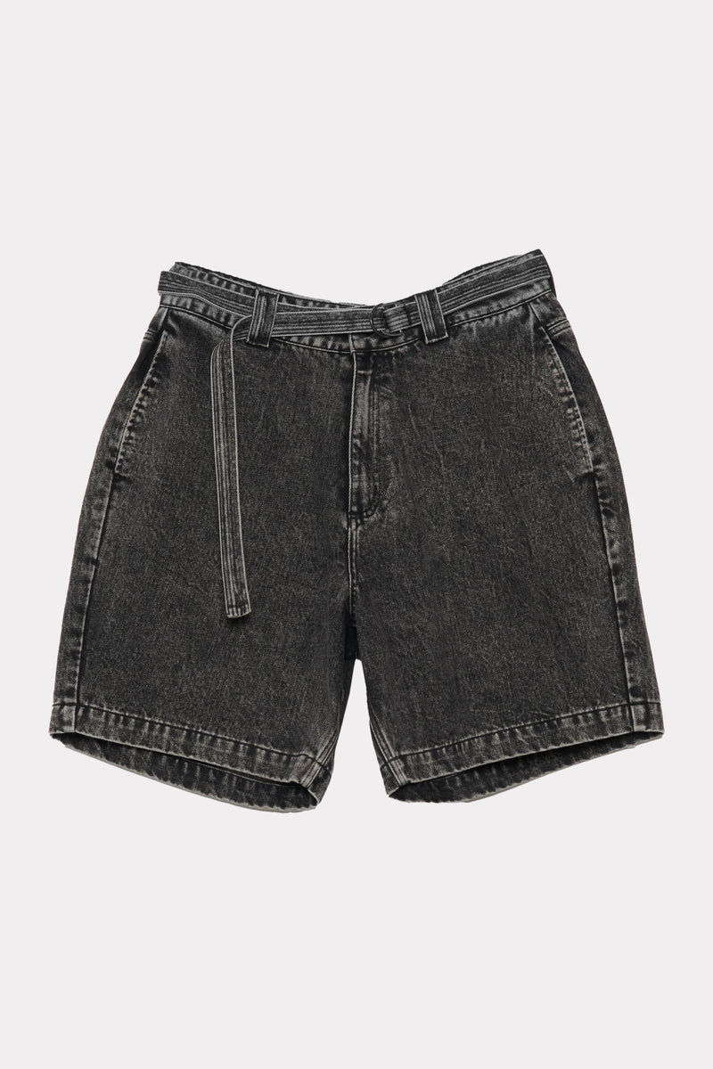 Black denim shorts on a light grey background