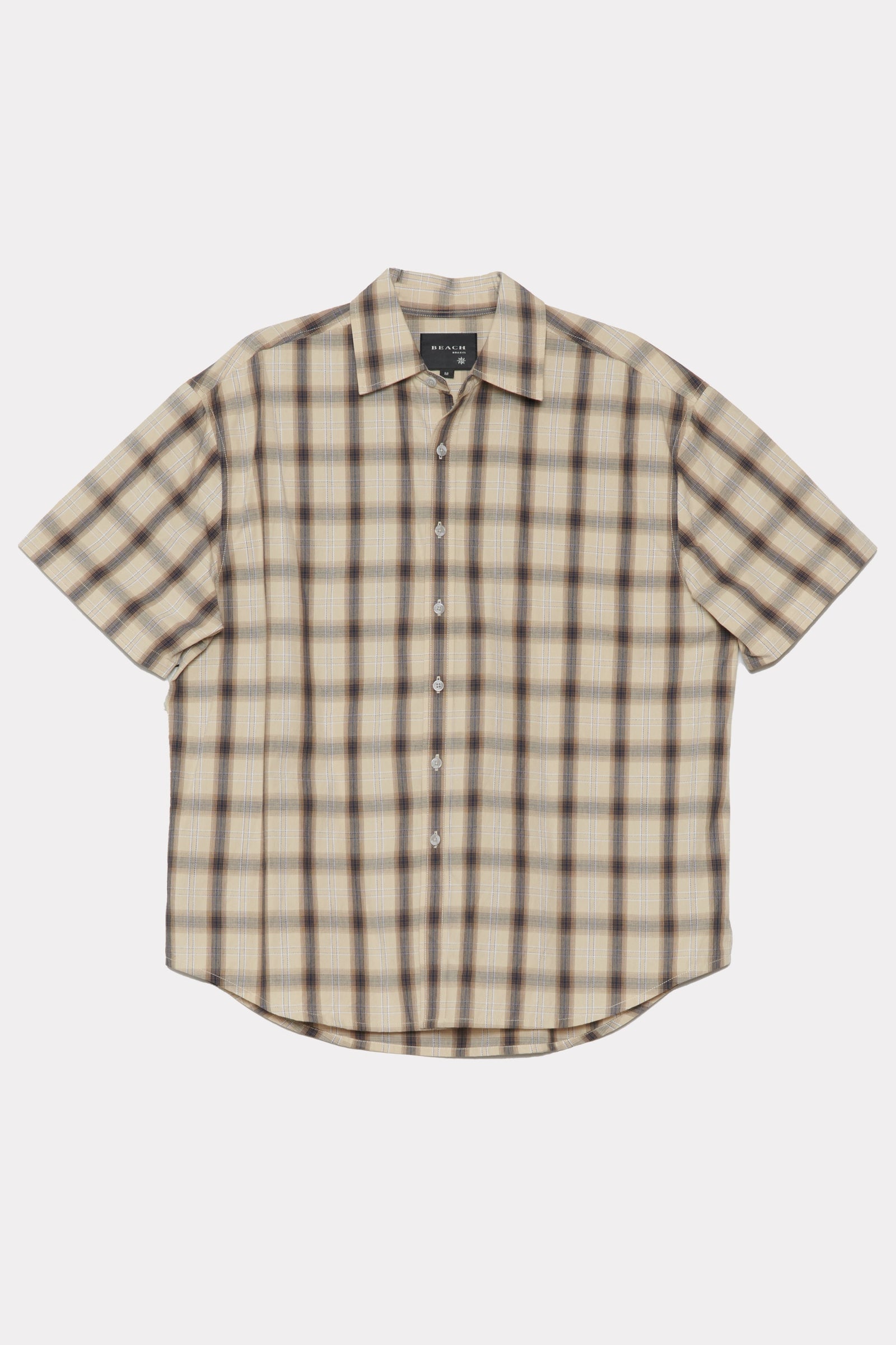 Cream Plaid Drop Short Sleeve Shirt on a white background