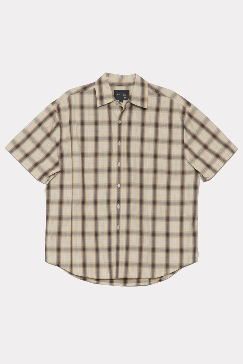 Cream Plaid Drop Short Sleeve Shirt on a white background