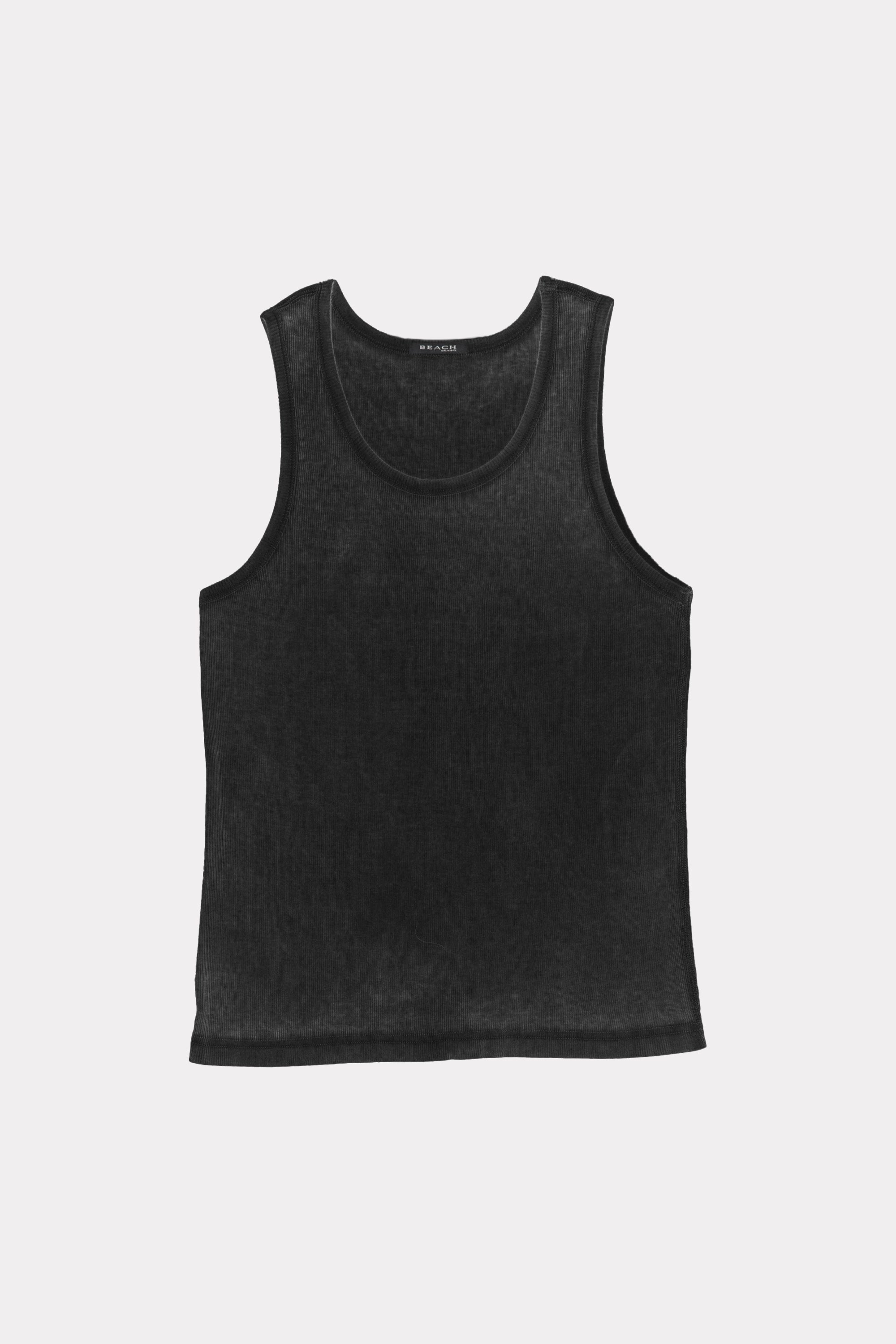 Black tank top made from 200GSM cotton jersey rib on a white background
