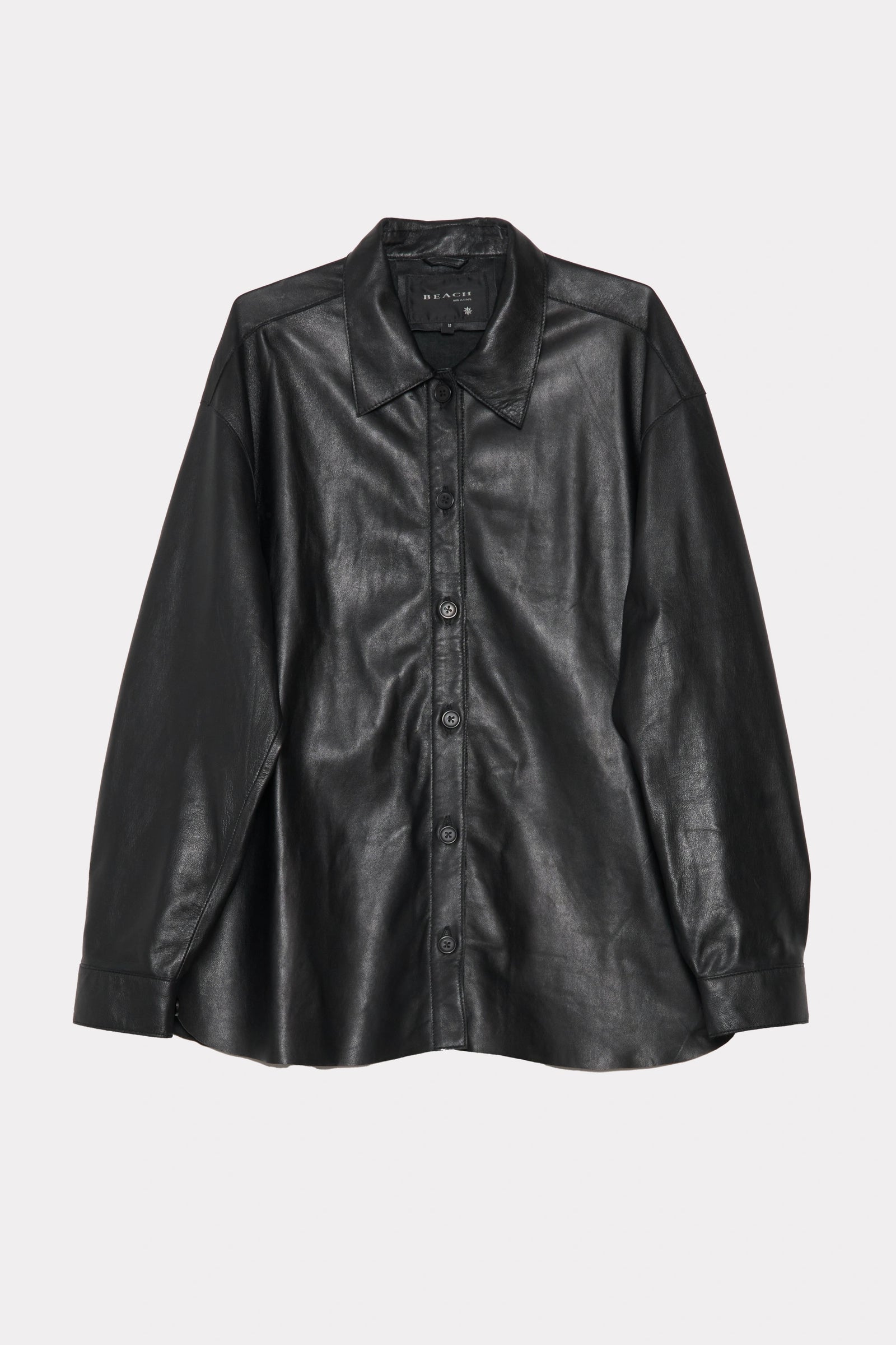 Black leather Float Overshirt on a light grey background