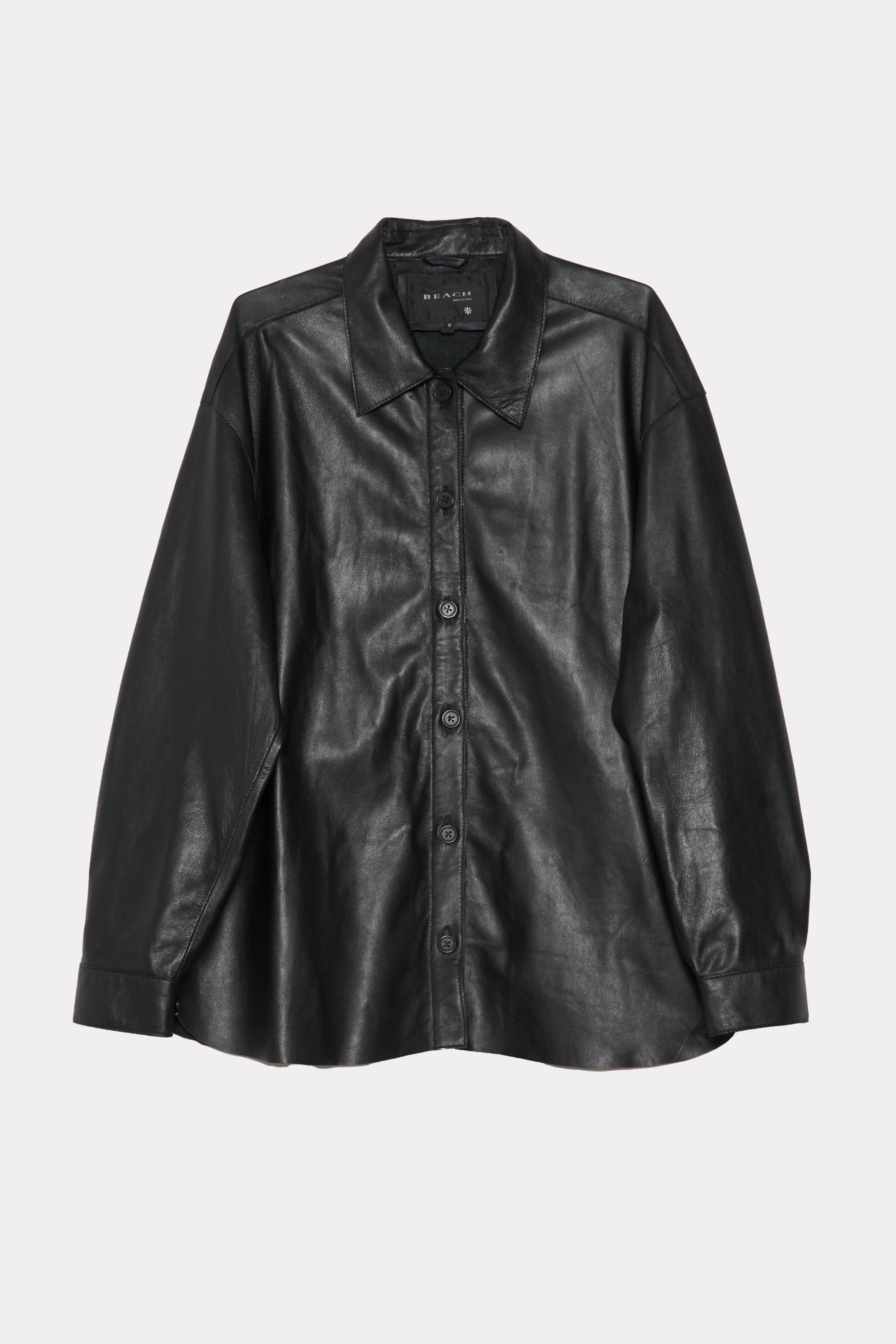 Black leather Float Overshirt on a light grey background