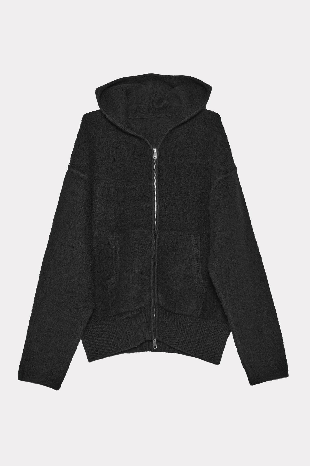 Black zip-up hoodie on a light grey background