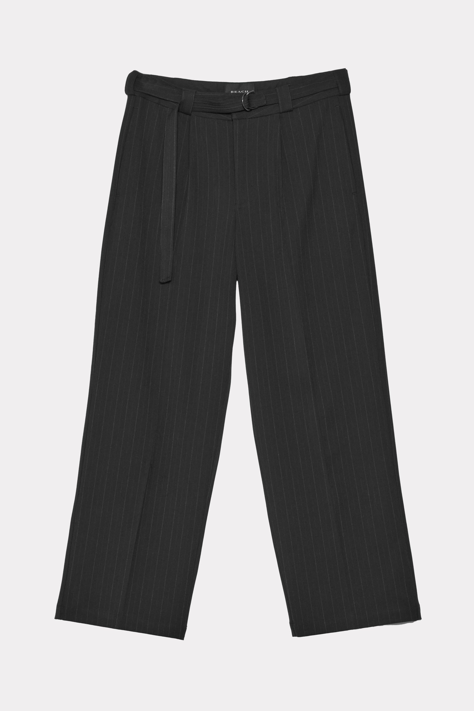 Black pinstripe trousers with a belt on a white background