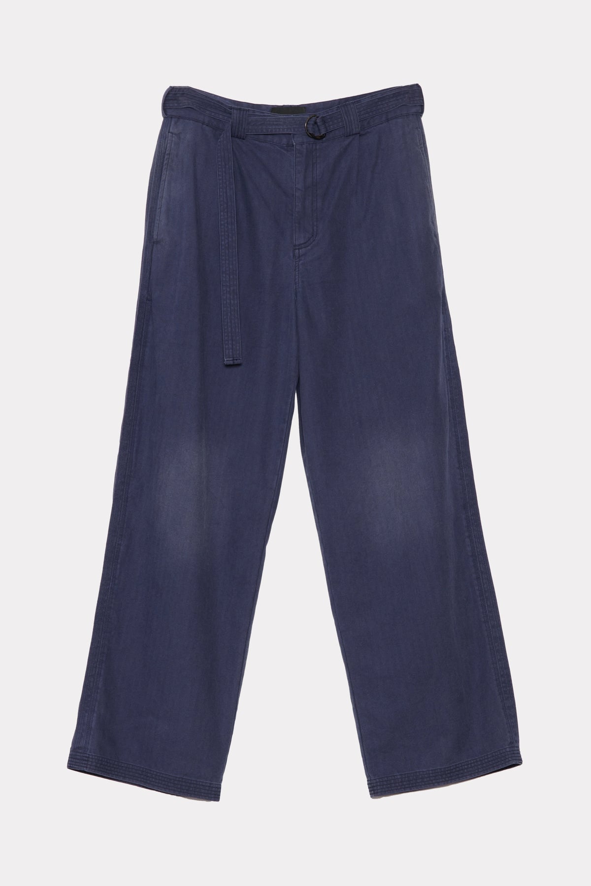 Navy blue pants with a belt on a light grey background