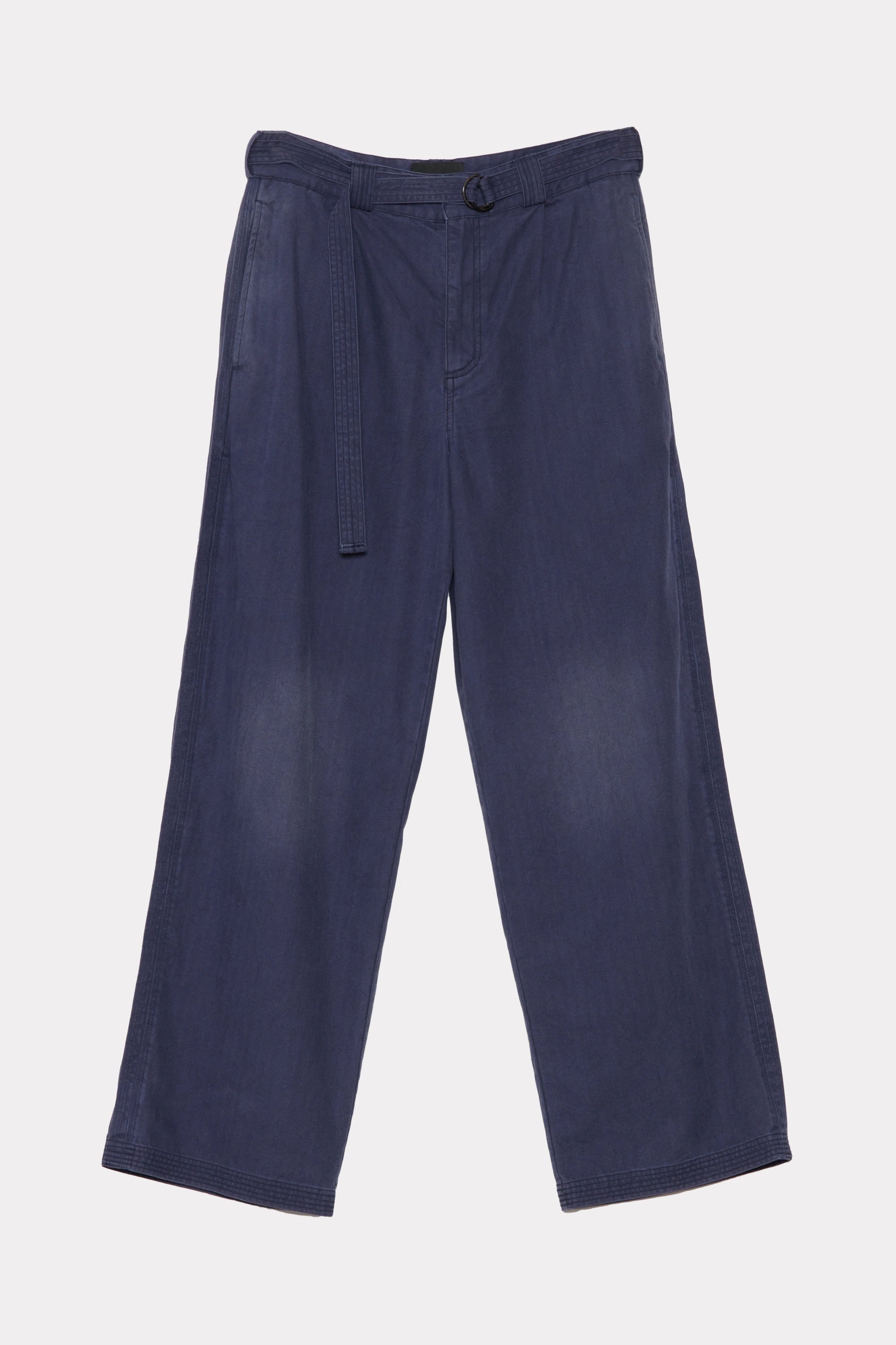 Navy blue pants with a belt on a light grey background