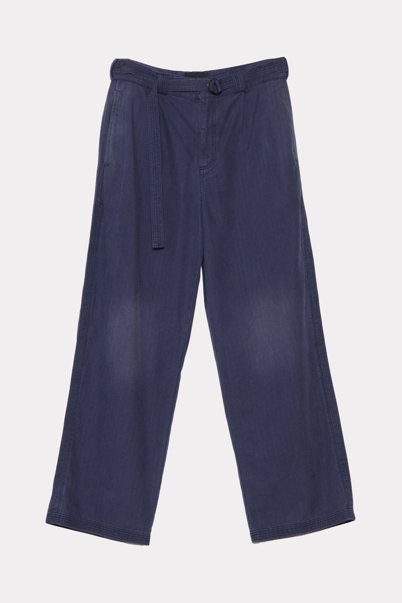 Navy blue pants with a belt on a light grey background