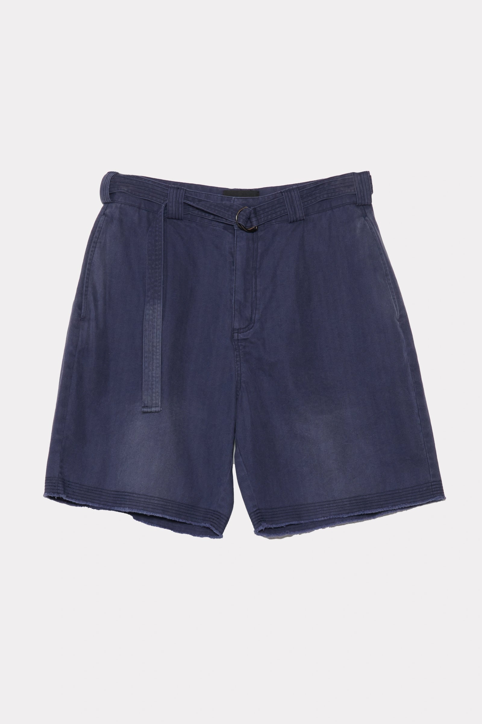 Navy blue pleated work shorts on a white background