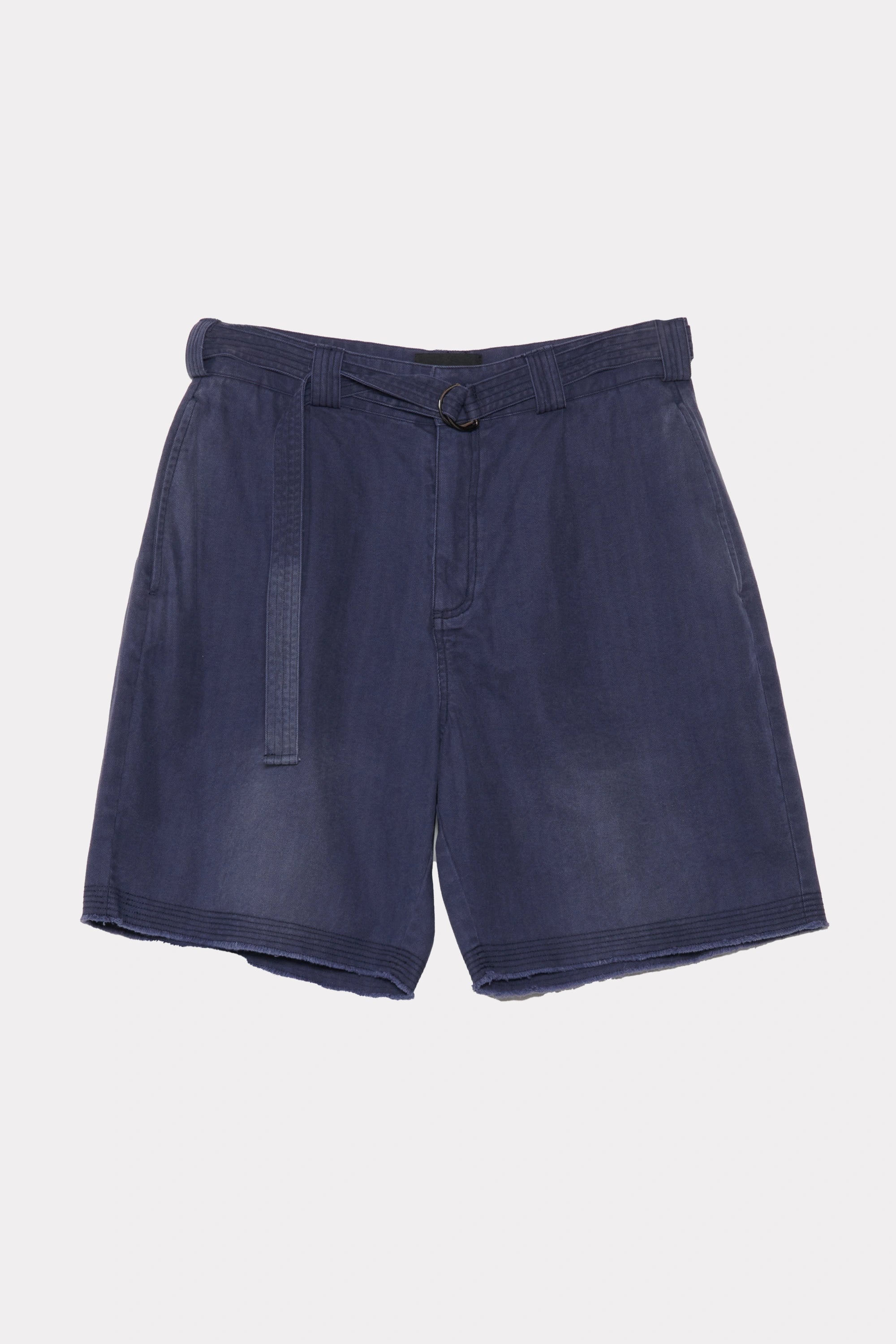 Navy blue pleated work shorts on a white background