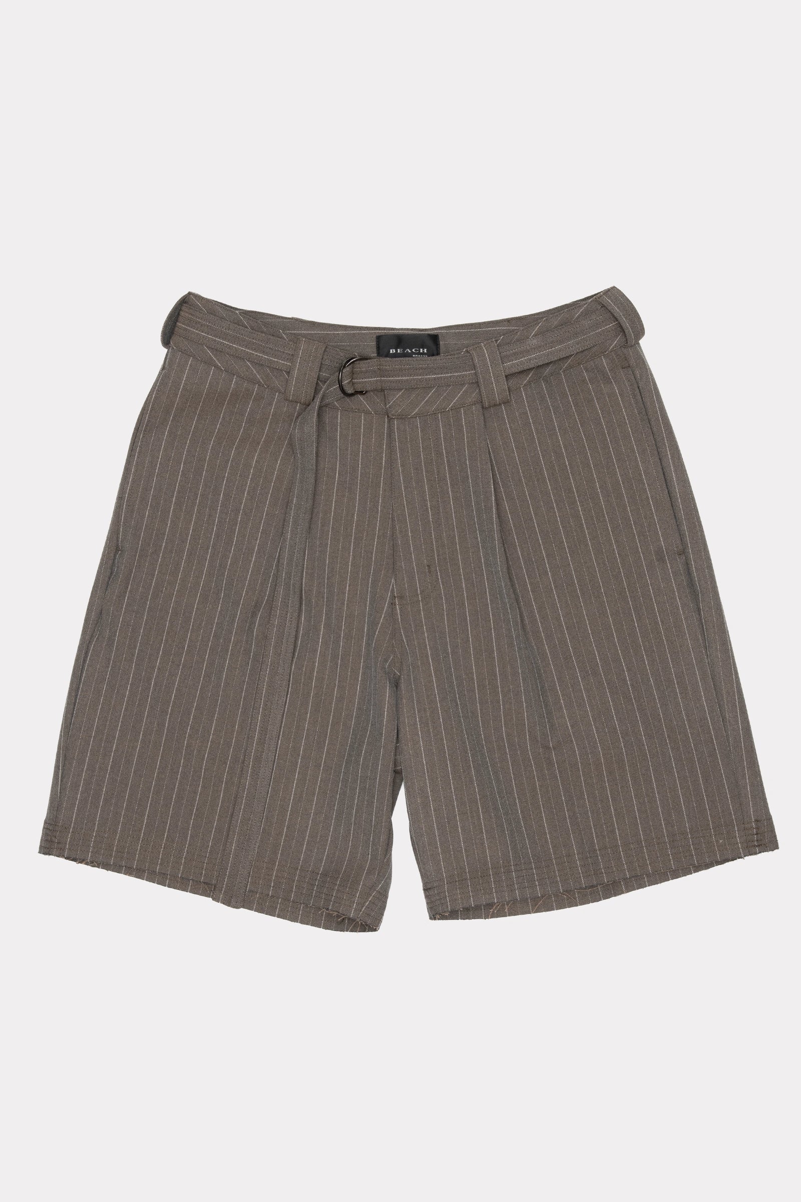 Brown pinstripe cut shorts with a belt on a white background