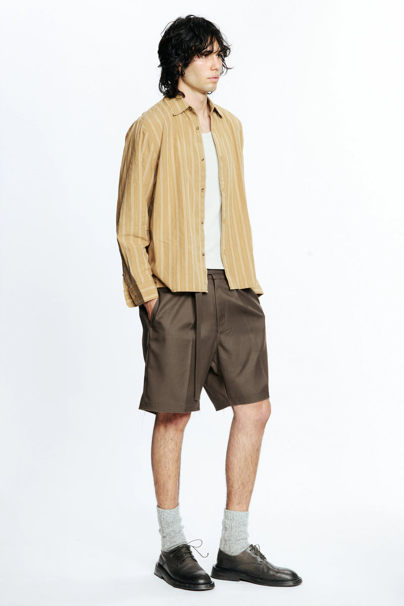 Person wearing a beige striped shirt, white t-shirt, brown cut shorts and black shoes on a white background
