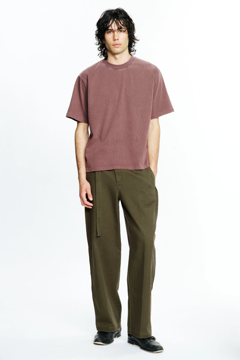 Person wearing a Plum Dream T-Shirt and olive green pants on a white background