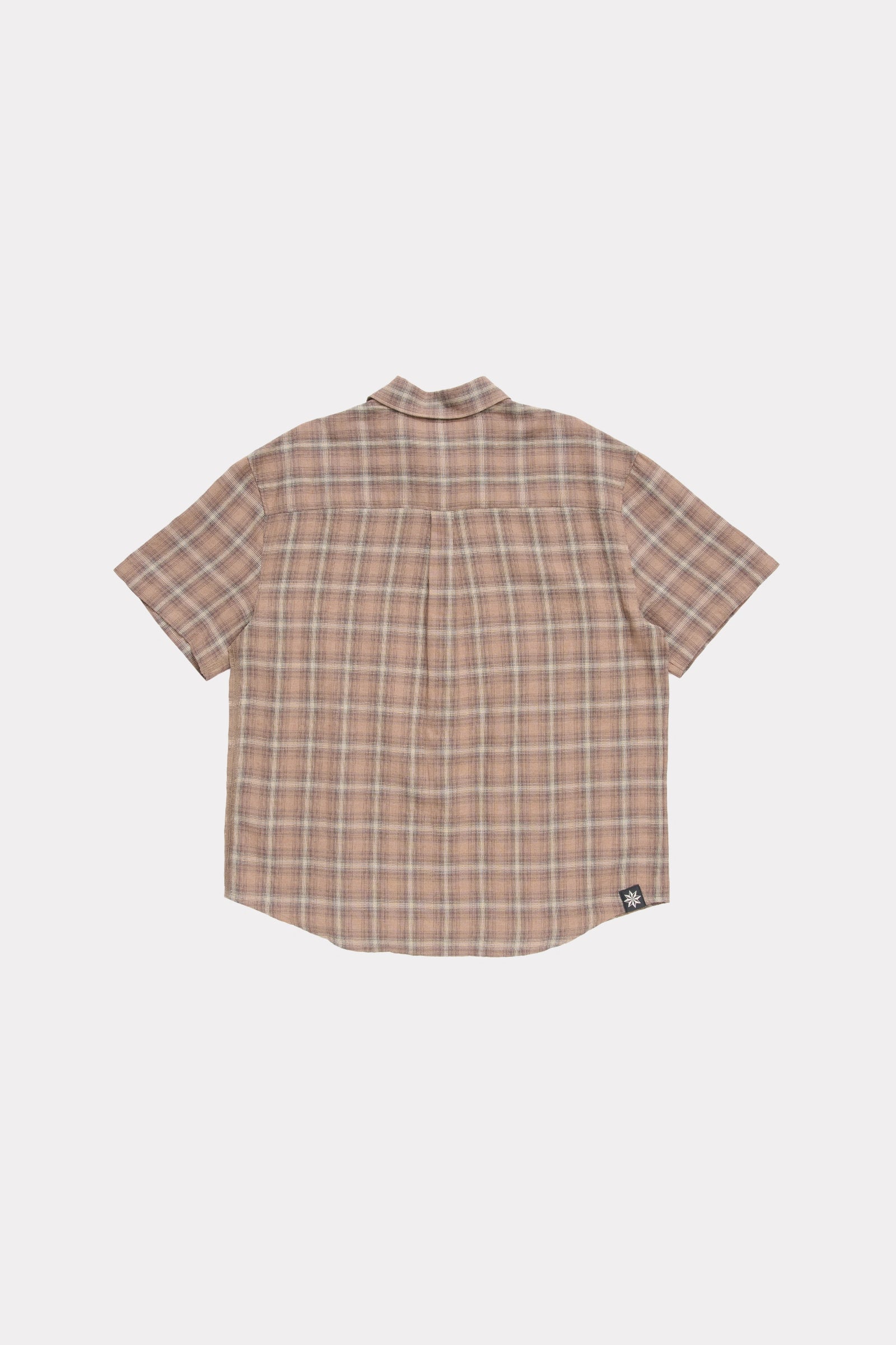 View from behind of a Brown Checkered Drop Short Sleeve Shirt on a white background