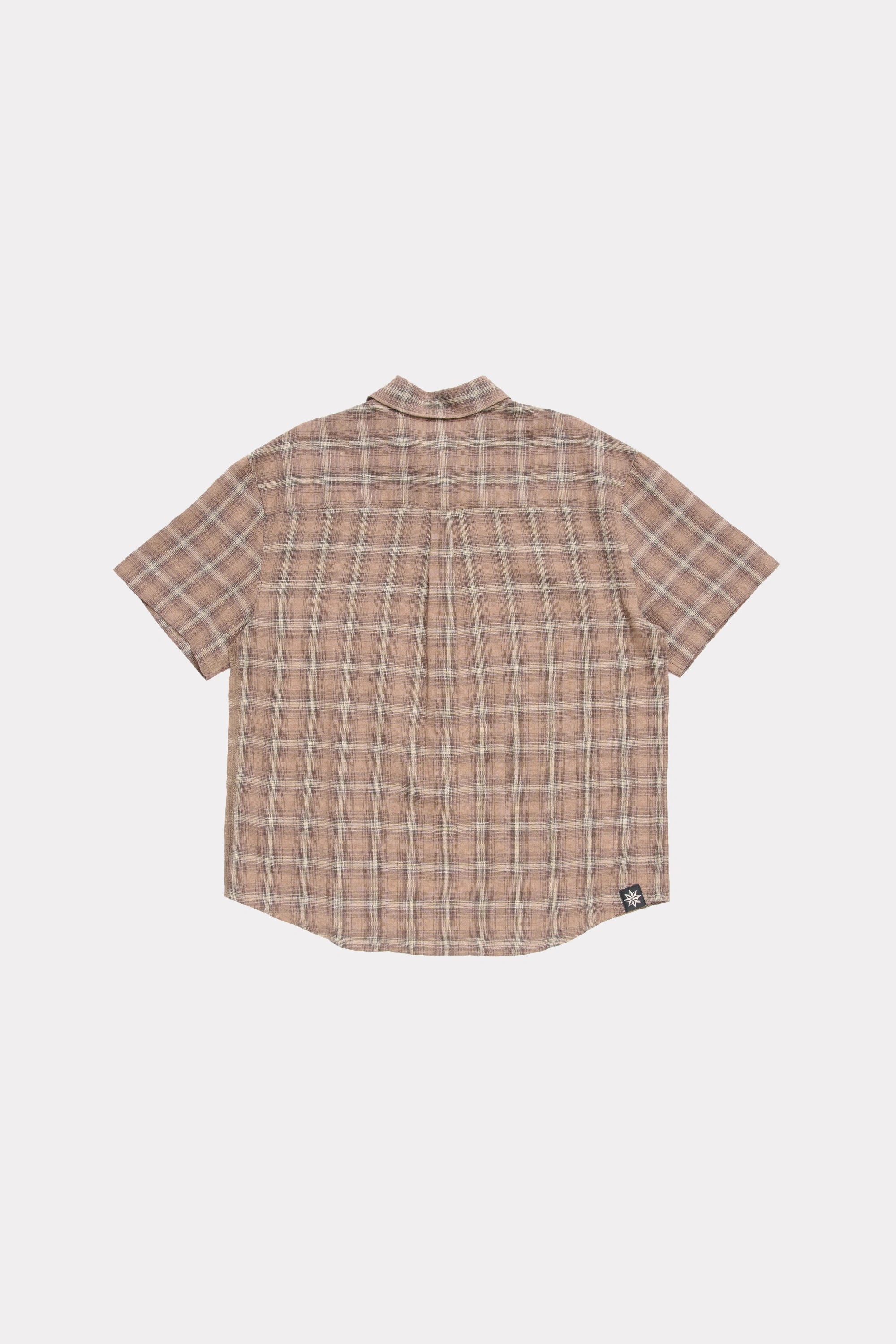 View from behind of a Brown Checkered Drop Short Sleeve Shirt on a white background