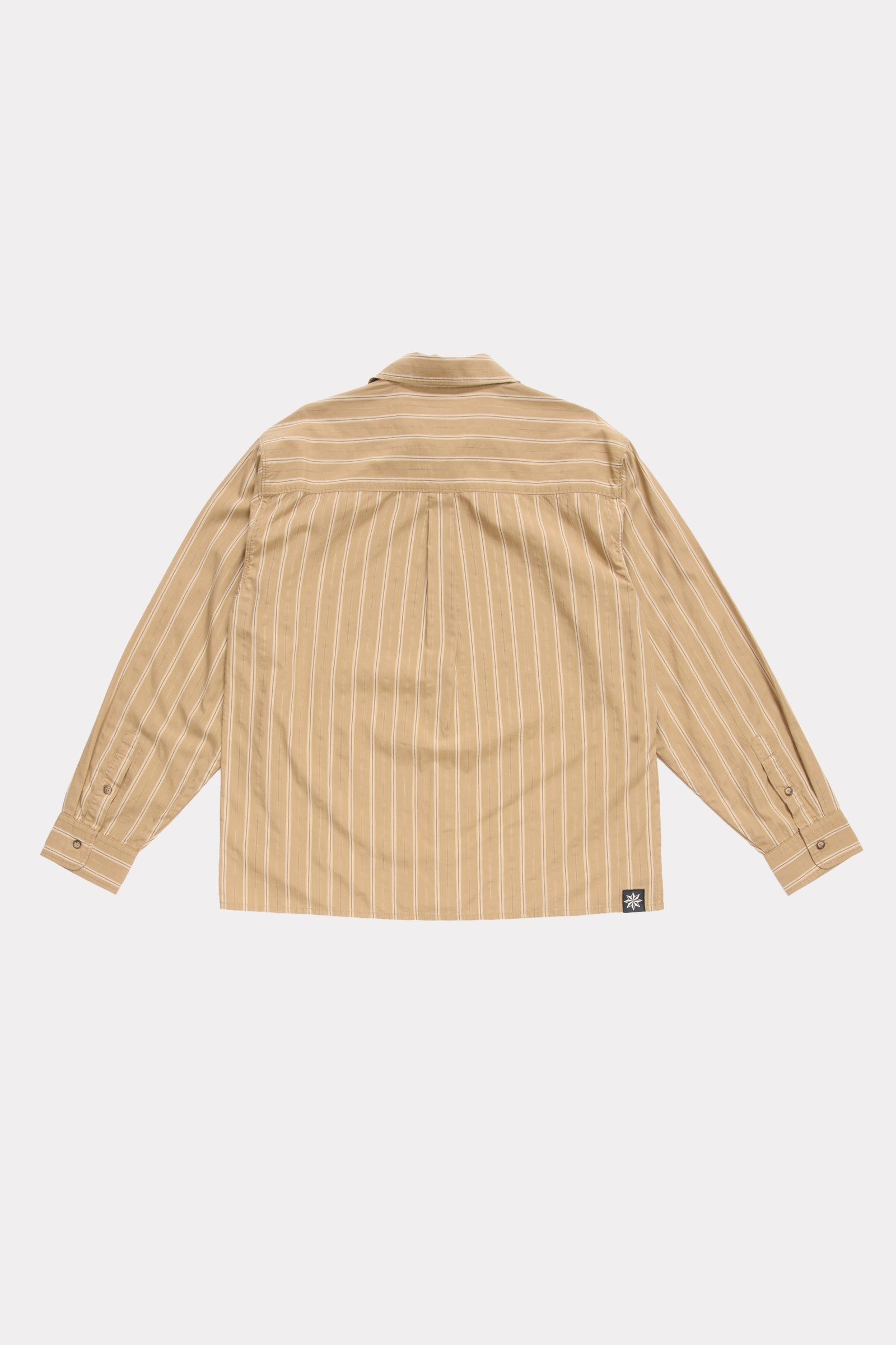 View of the back of a Tan Stripe Hold Long Sleeve Shirt on a white background