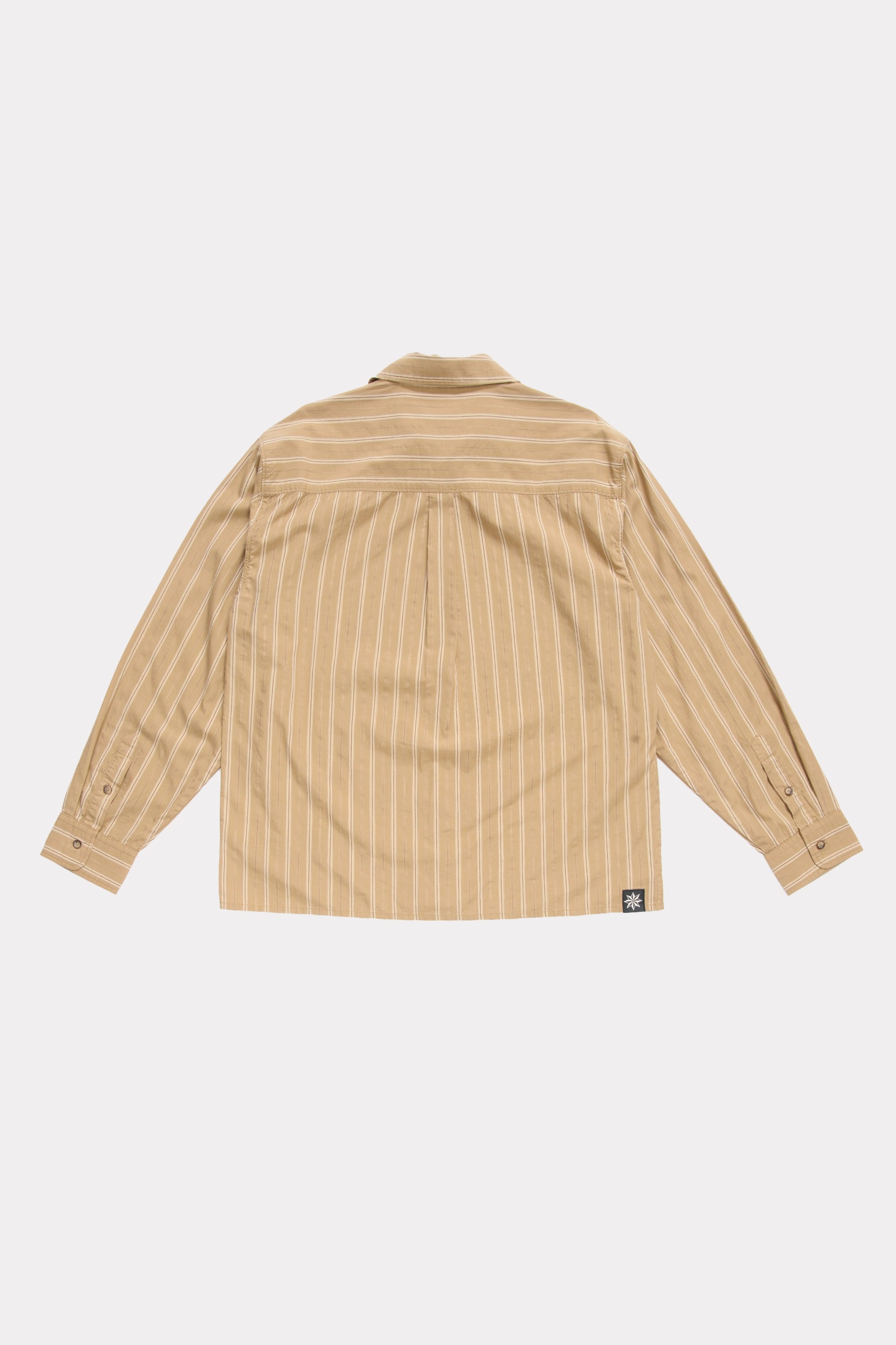 View of the back of a Tan Stripe Hold Long Sleeve Shirt on a white background
