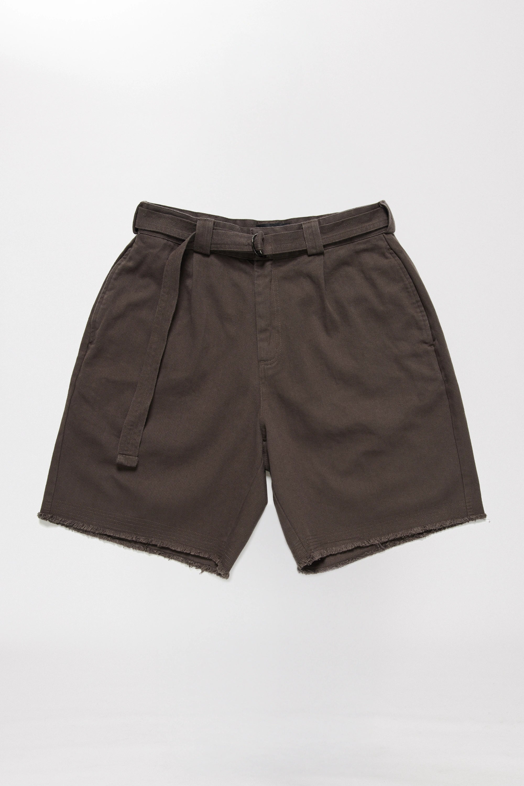 Dark grey pleated shorts on a white background