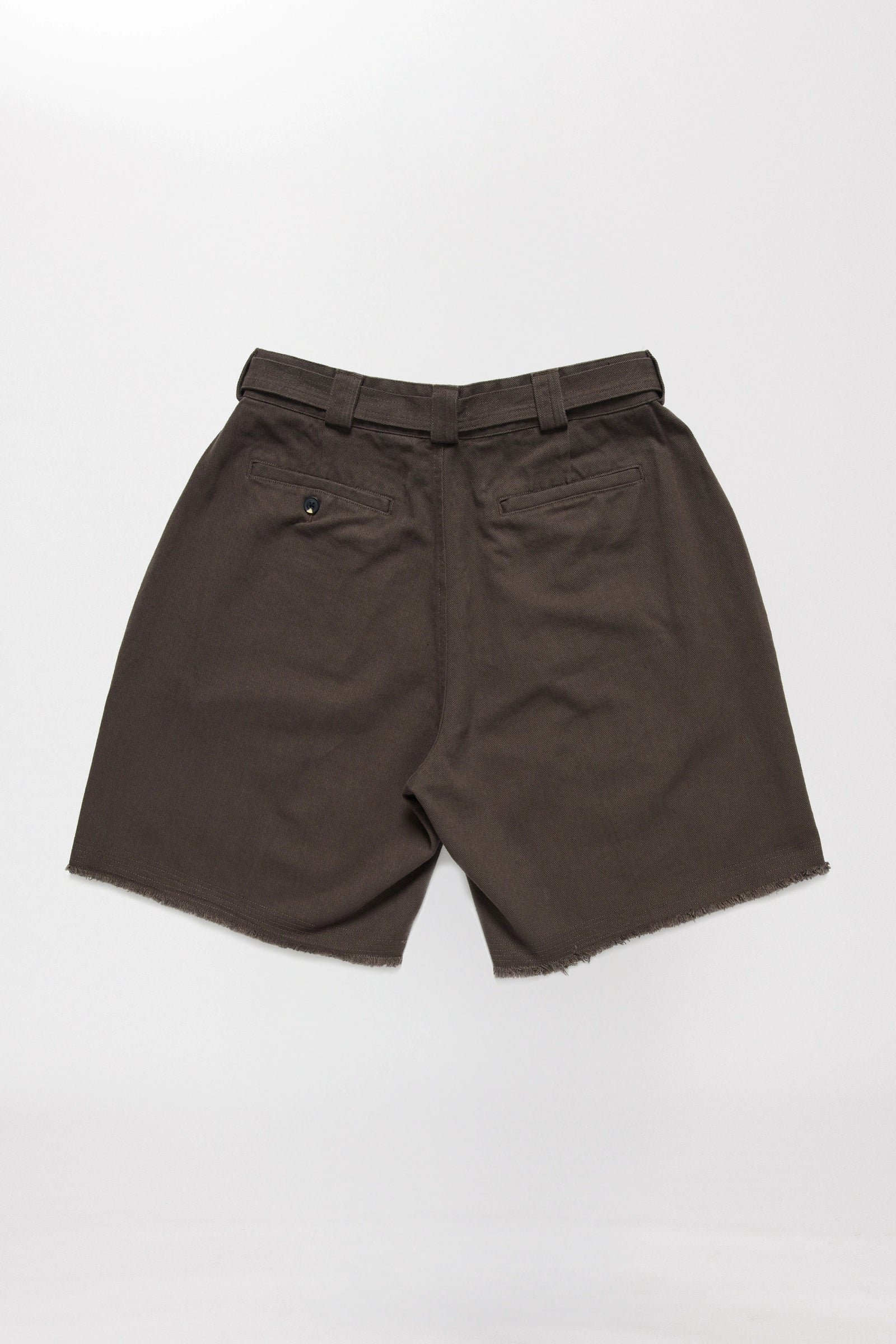 View from behind of a pair of dark grey pleated shorts on a white background