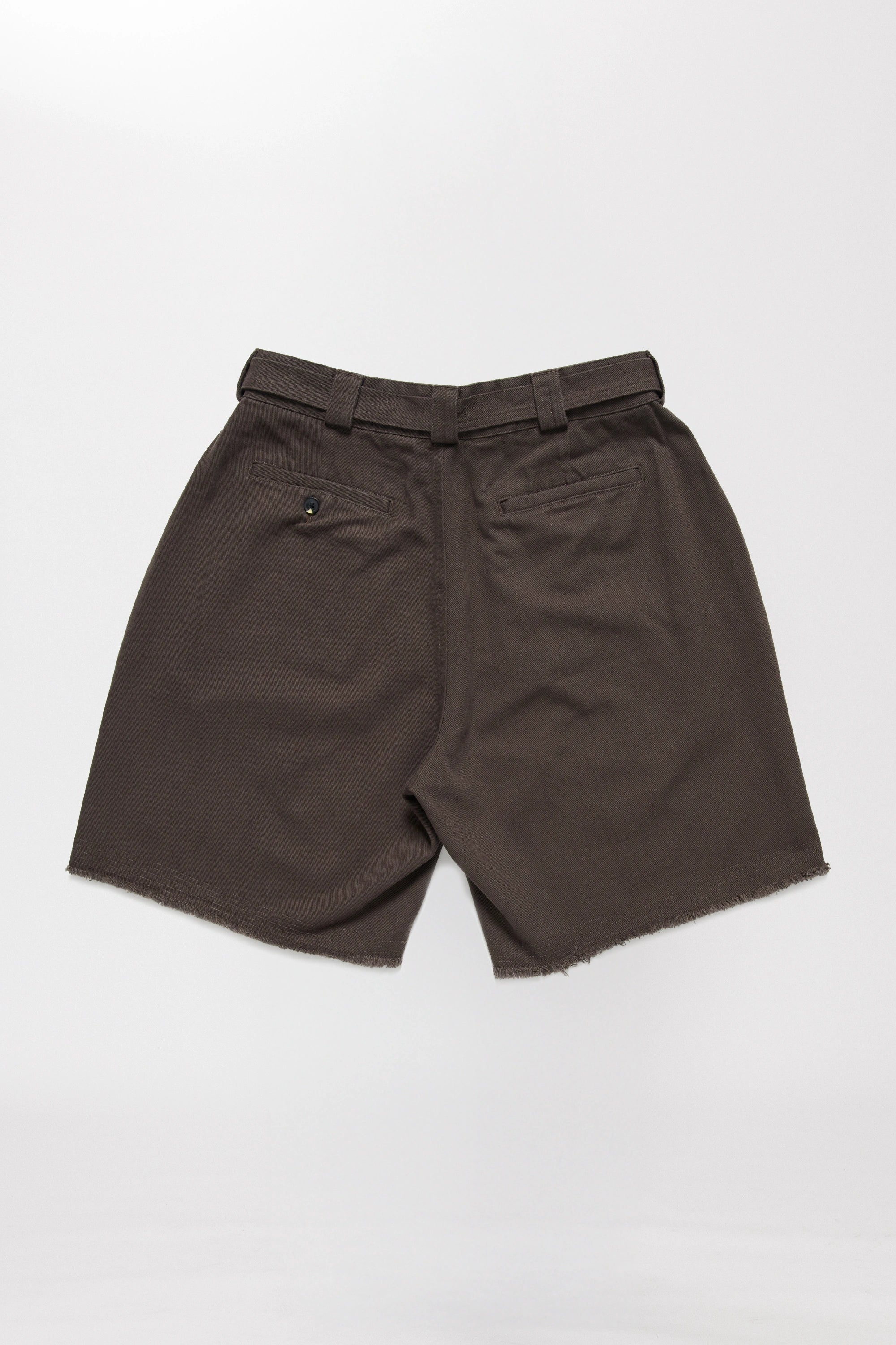 View from behind of a pair of dark grey pleated shorts on a white background