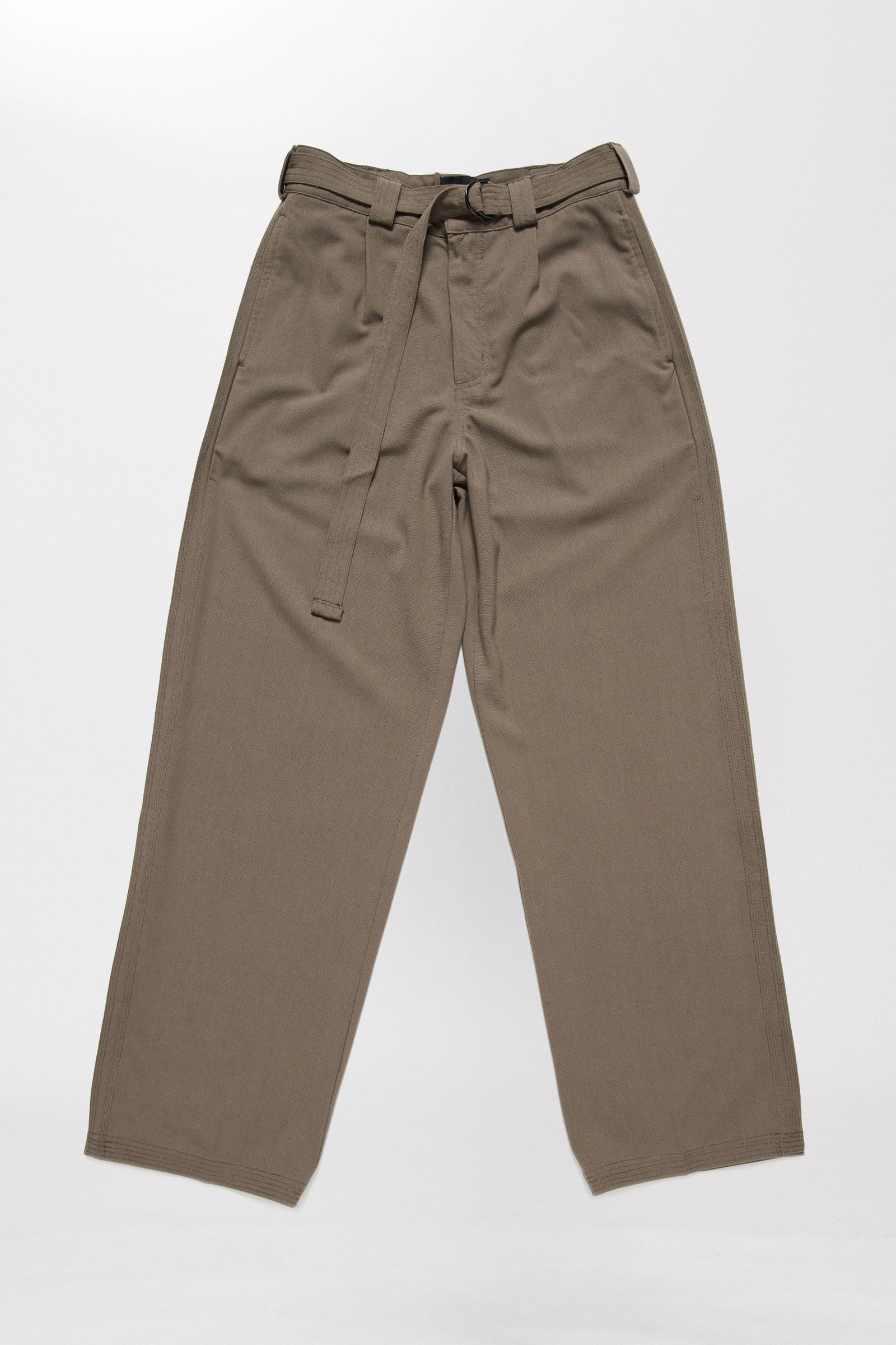 Chocolate brown pleated work pants on a white background